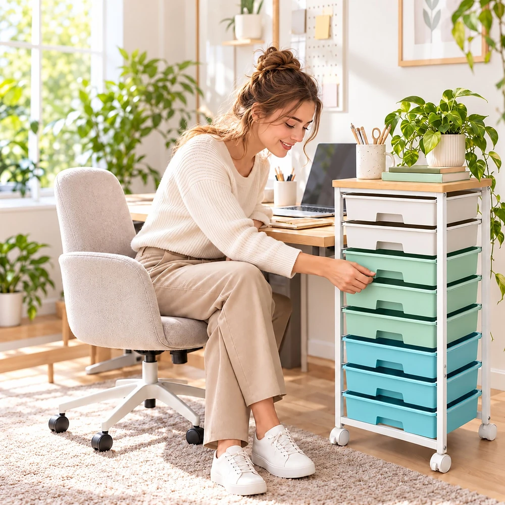 Relaxdays Vežimėlis su 8 plastikiniais stalčiais