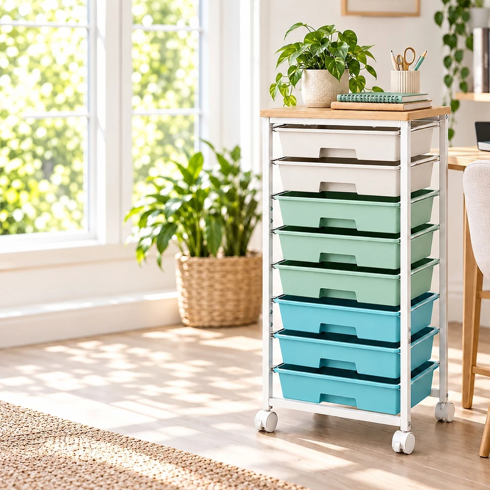 Relaxdays Vežimėlis su 8 plastikiniais stalčiais