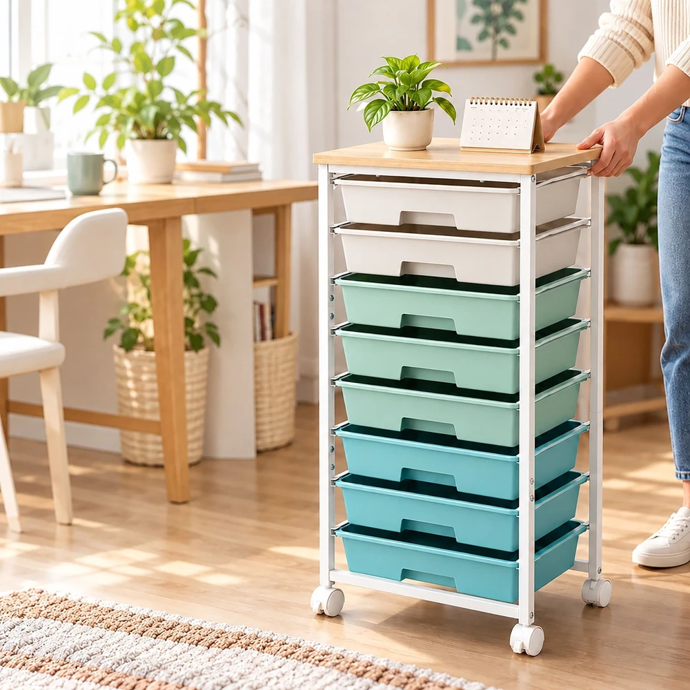Relaxdays Vežimėlis su 8 plastikiniais stalčiais