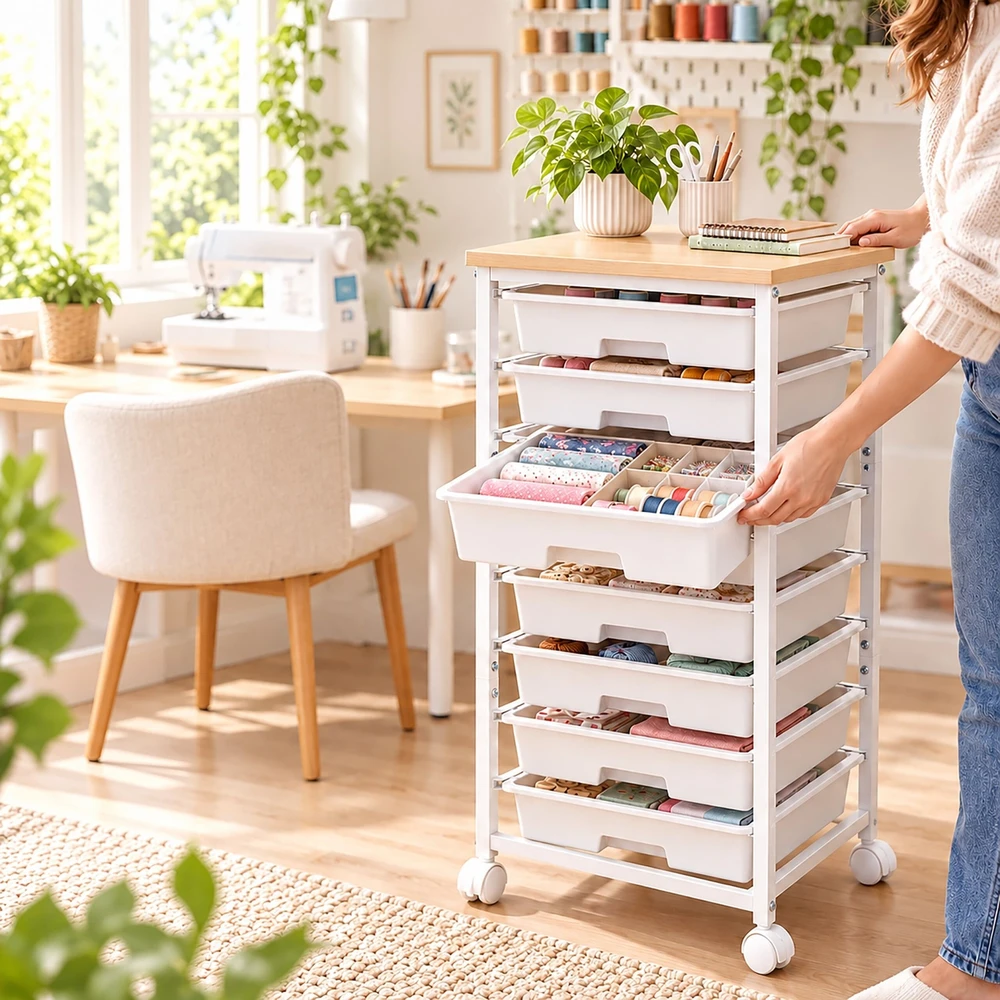 Relaxdays Vežimėlis su 8 plastikiniais stalčiais