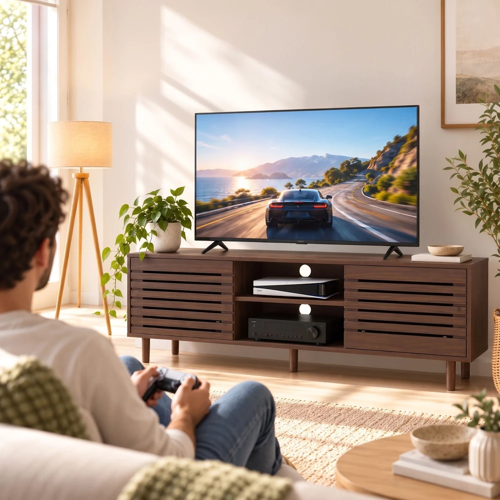Relaxdays Žema televizoriaus spintelė su daiktų laikymo vieta
