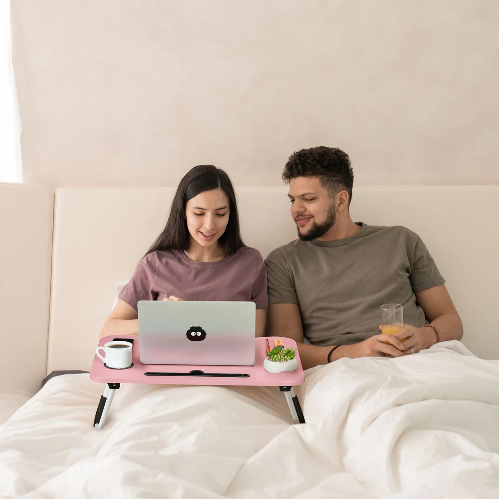 Relaxdays Rožinis nešiojamas staliukas su planšetės ir gėrimų laikikliu