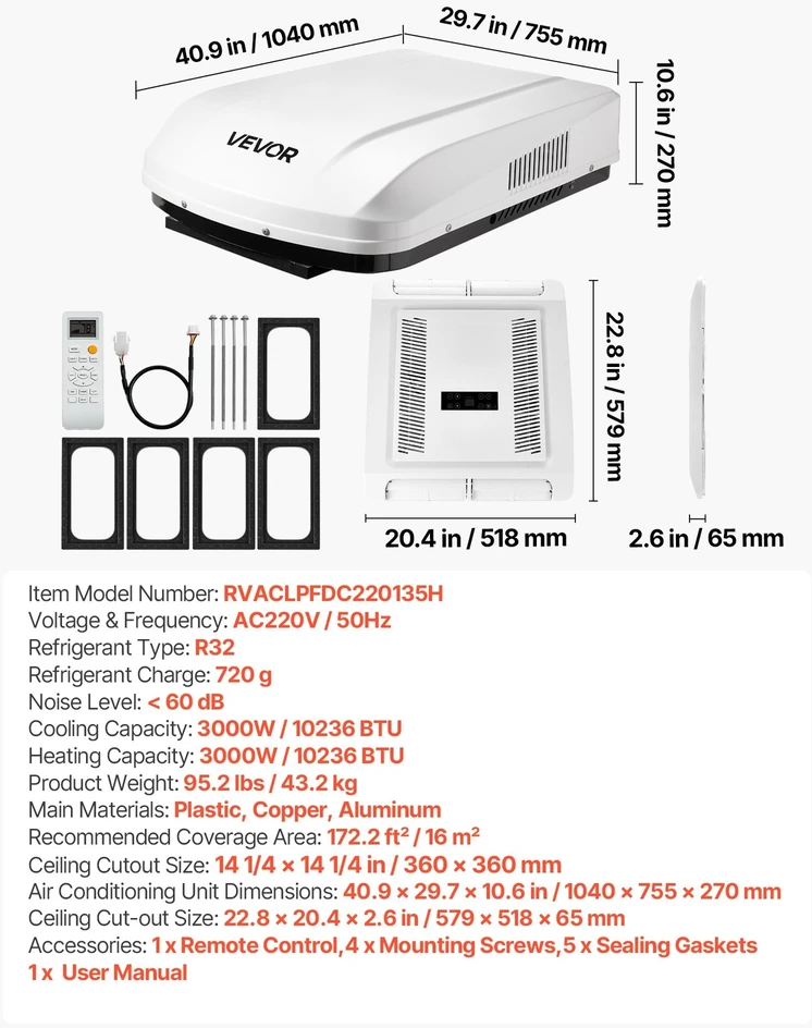 VEVOR RV oro kondicionierius, 3000W, 220V be ortakių
