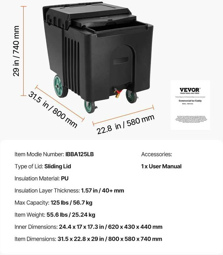 VEVOR Komercinis ledo konteineris su 61.6 L talpa ir ratukais