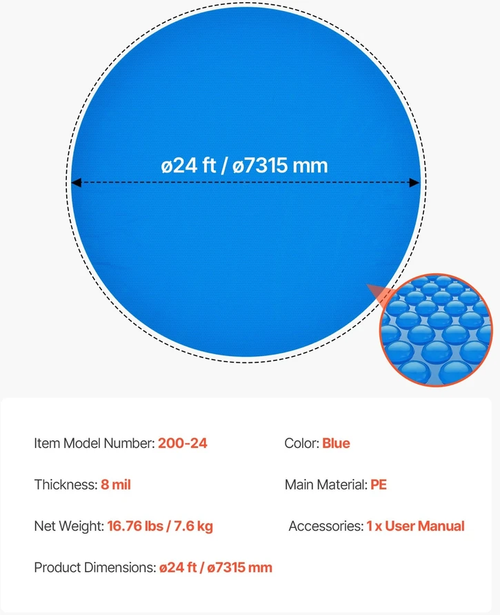 VEVOR Saulės baseino dangtis, apvalus 7.32m
