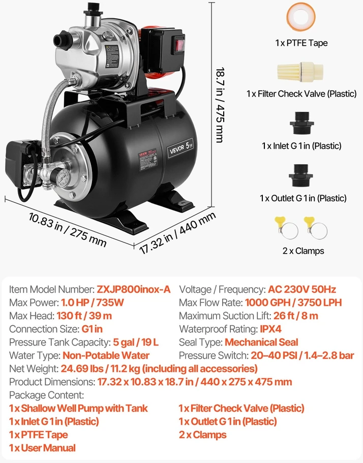 VEVOR Seklios gręžinio siurblys su slėgio indu 1 HP