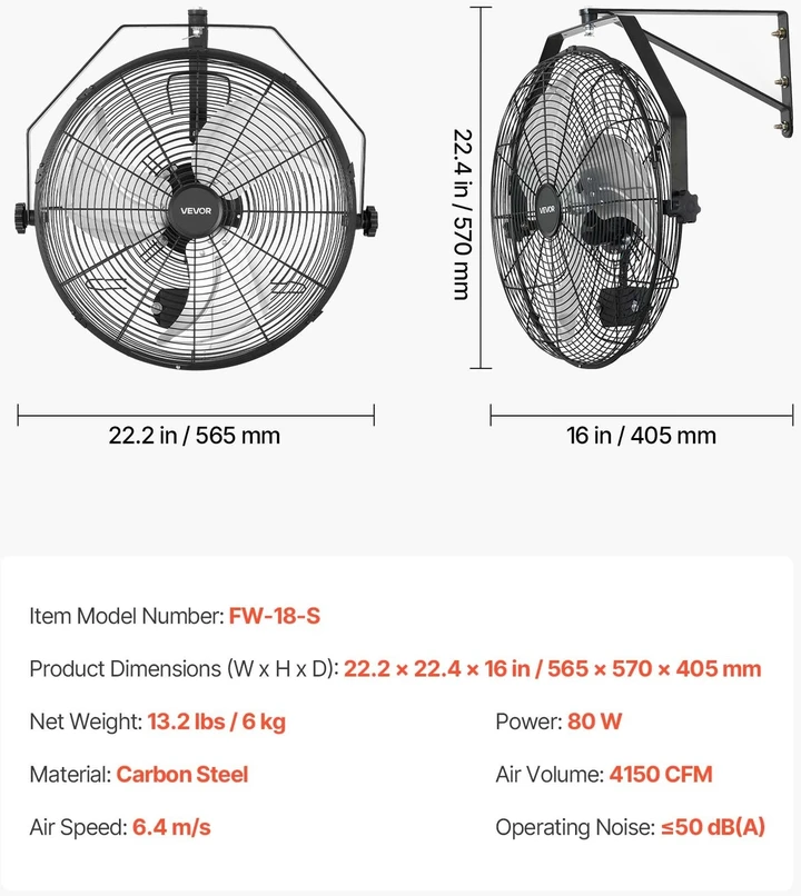 VEVOR Sieninis ventiliatorius 450 mm su IP44 apsauga