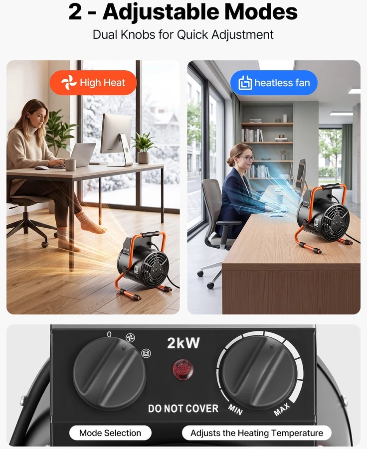 VEVOR Šiltnamio šildytuvas 2000W, apsauga nuo perkaitimo, atsparus vandeniui, šiltnamis elektrinis šildytuvas, oranžerijos šildytuvas