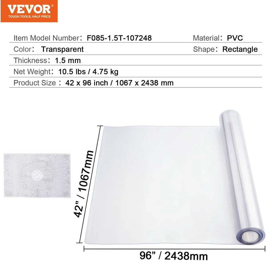 Vevor skaidrus PVC stalo dangtis 1067x2438mm