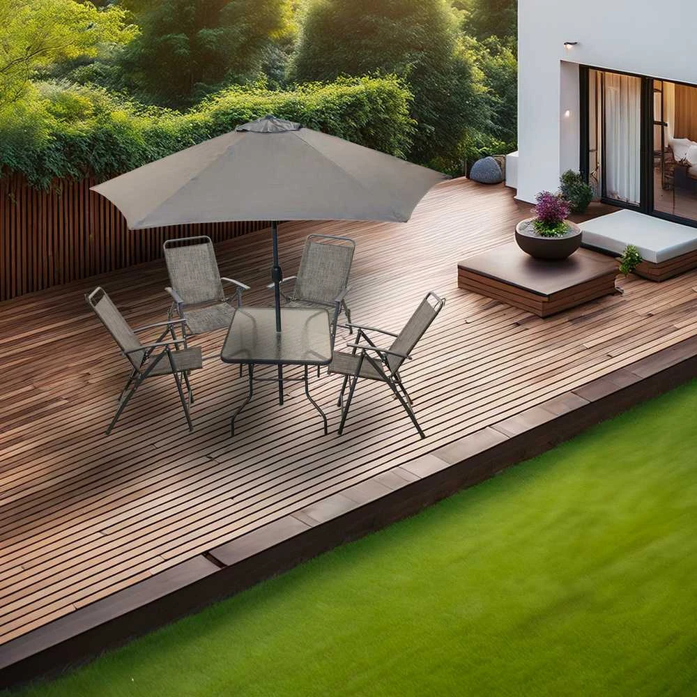Saska Garden sodo baldų komplektas sidnėjus, stalas 4 kėdės ir skėtis pilkas