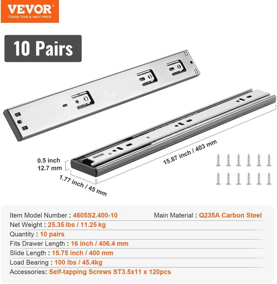 VEVOR Stalčių bėgeliai 406.4 mm, 10 porų