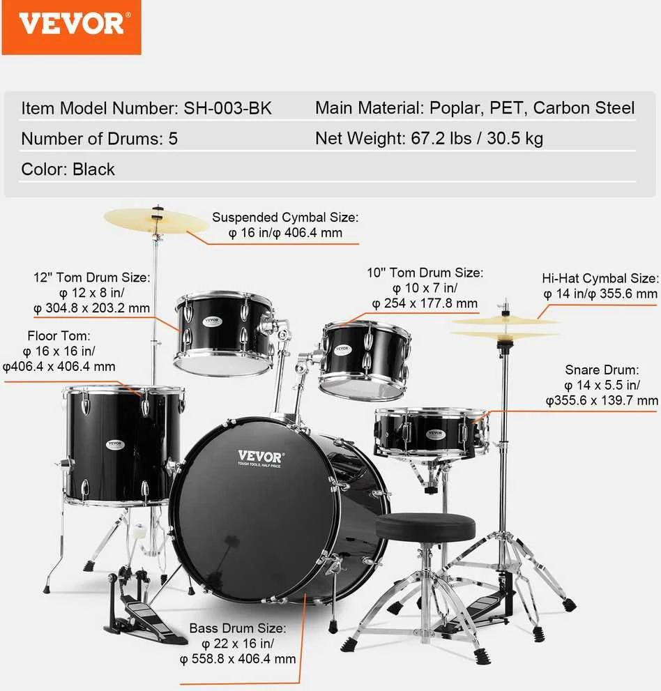 Vevor Suaugusiųjų 5 dalių būgnų komplektas 56 cm