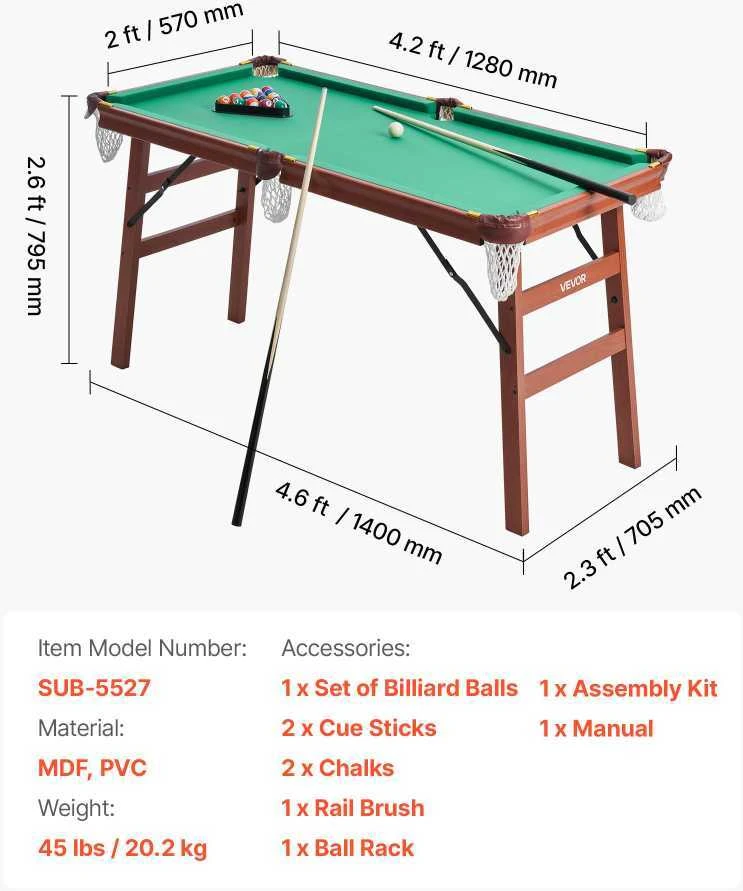 VEVOR Sulankstomas biliardo stalas 140 cm
