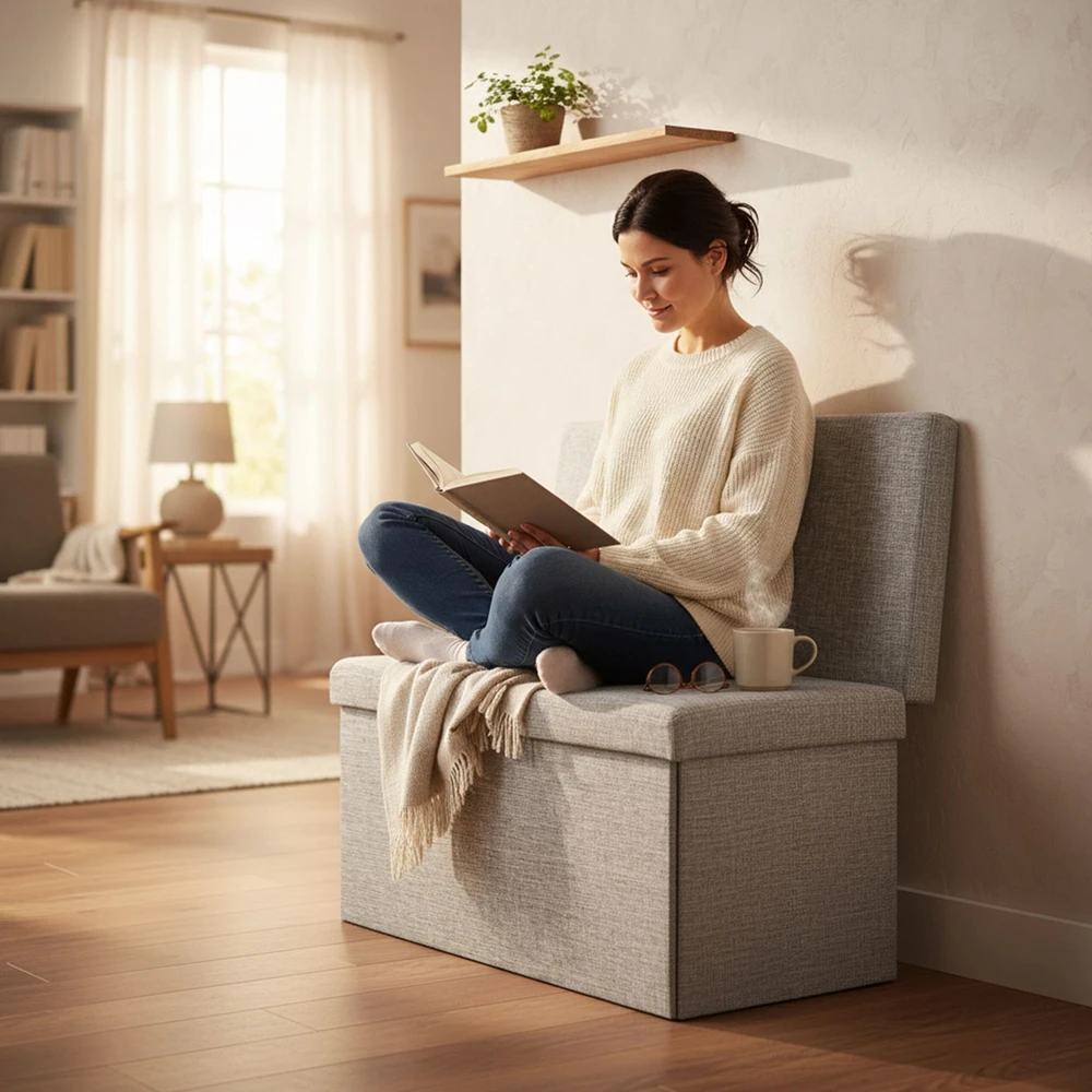 Relaxdays Sulankstomas daiktadėžės pufas su atlošu L
