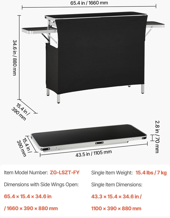 VEVOR Sulankstomas nešiojamas baro stalas, 1100 x 390 x 880 mm