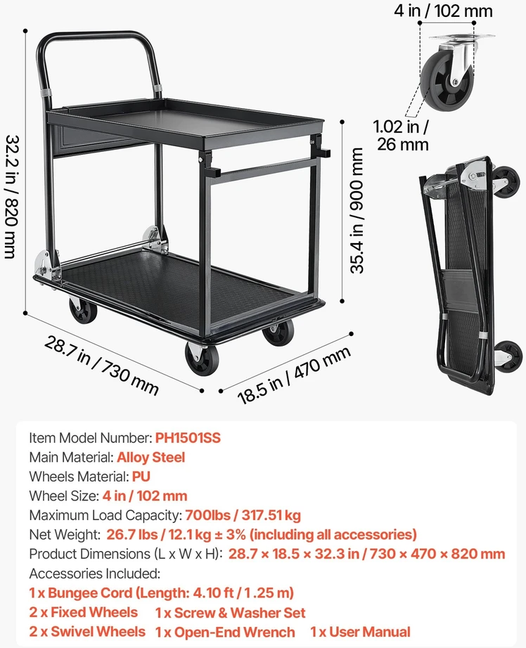 Vevor Sulankstomas vežimėlis, 317.51 kg, dvi platformos