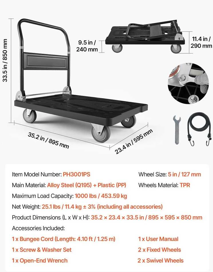 VEVOR Sulankstomas vežimėlis su ratukais, 453.59 kg