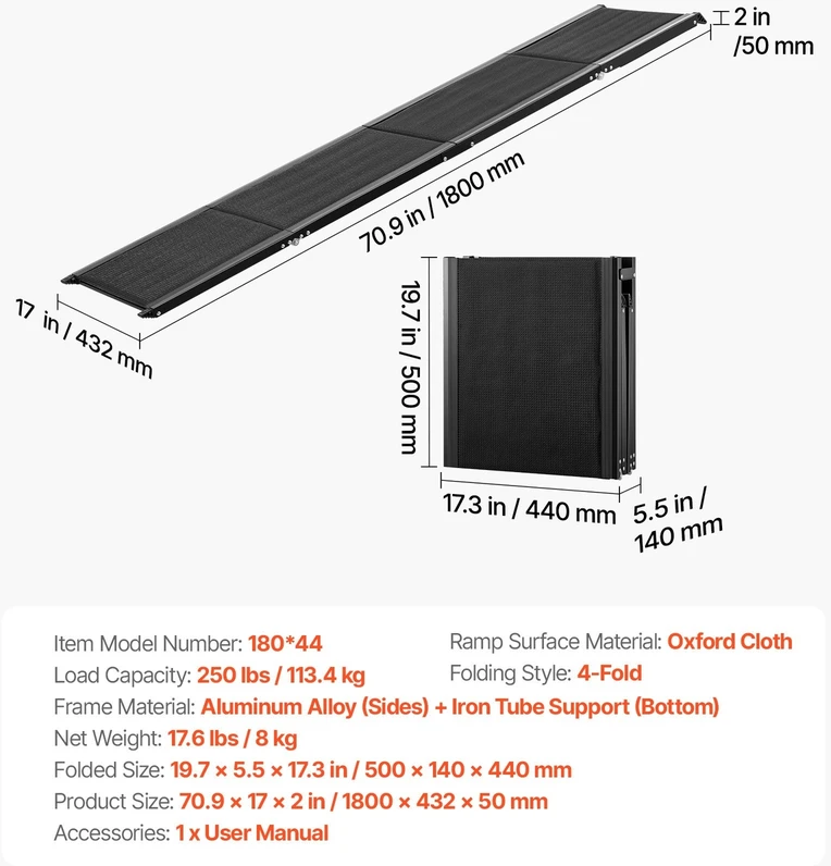 VEVOR Šunų rampa automobiliams 180 x 43 cm