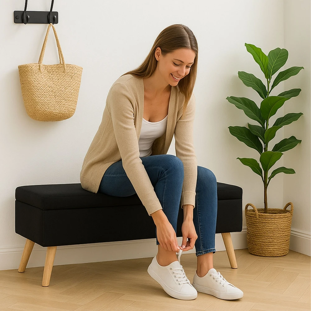 Relaxdays Suoliukas su daiktadėže su lino apmušalu