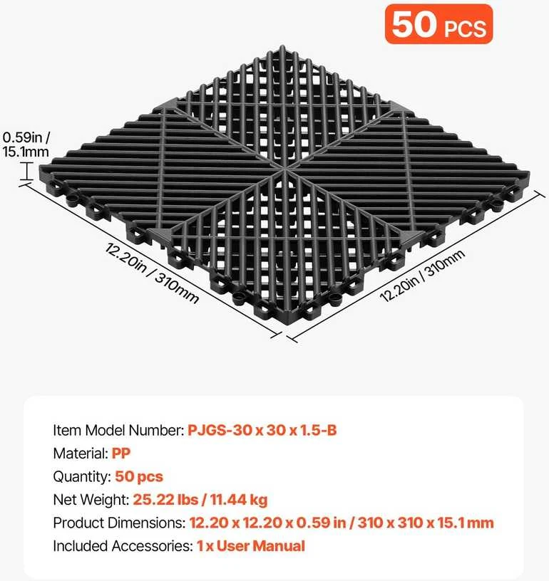 VEVOR Susijungiančios drenažinės kilimėliai 310 x 310 mm juoda