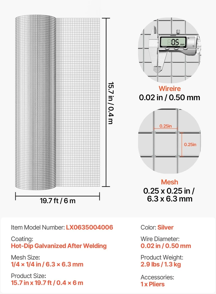 VEVOR Suvirintas metalinis tinklas 0,4 x 6 m