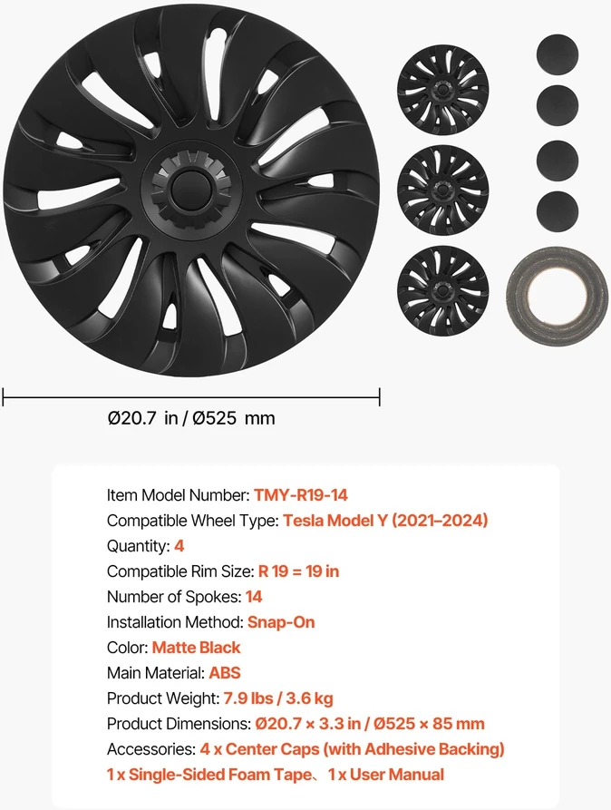 VEVOR Tesla Model Y 19" ratų gaubtų komplektas