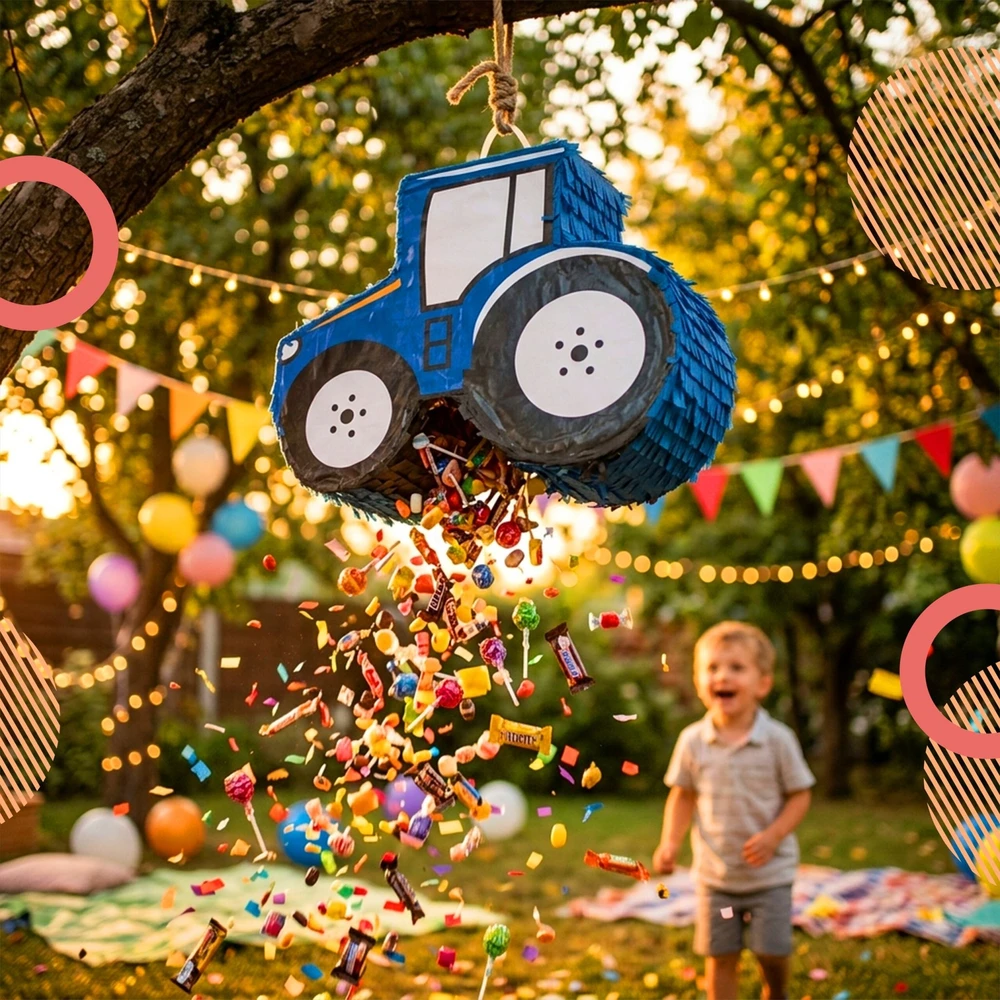 Relaxdays Traktoriaus piñata su lazda ir kauke