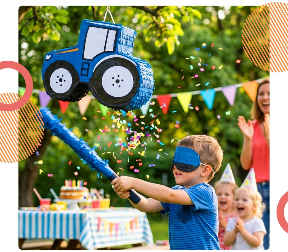 Relaxdays Traktoriaus piñata su lazda ir kauke