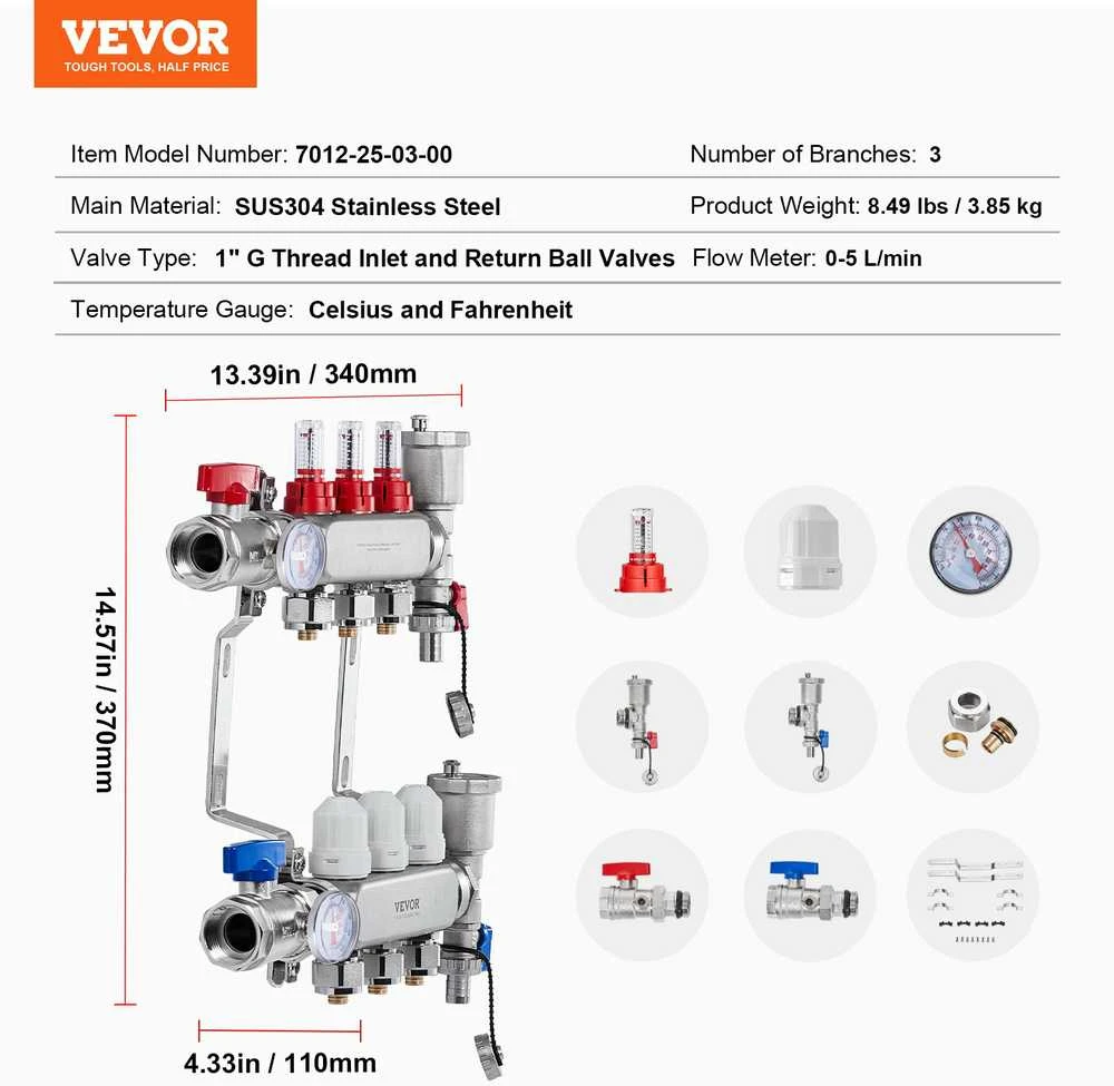 VEVOR trijų šakų šildymo kolektorius grindų šildymui