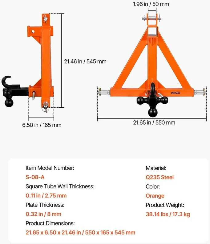 VEVOR Trijų taškų prikabinimas traktoriui su 50.8mm imtuvu