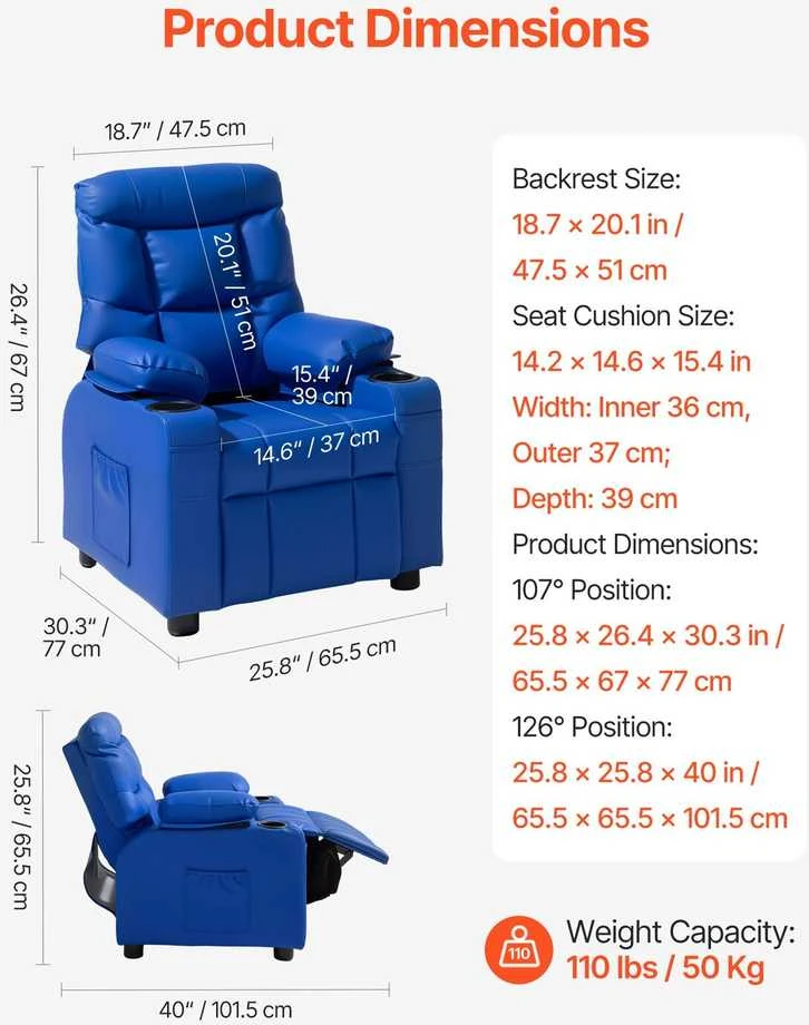VEVOR Vaikiška recliner sofa su puodelių laikikliais