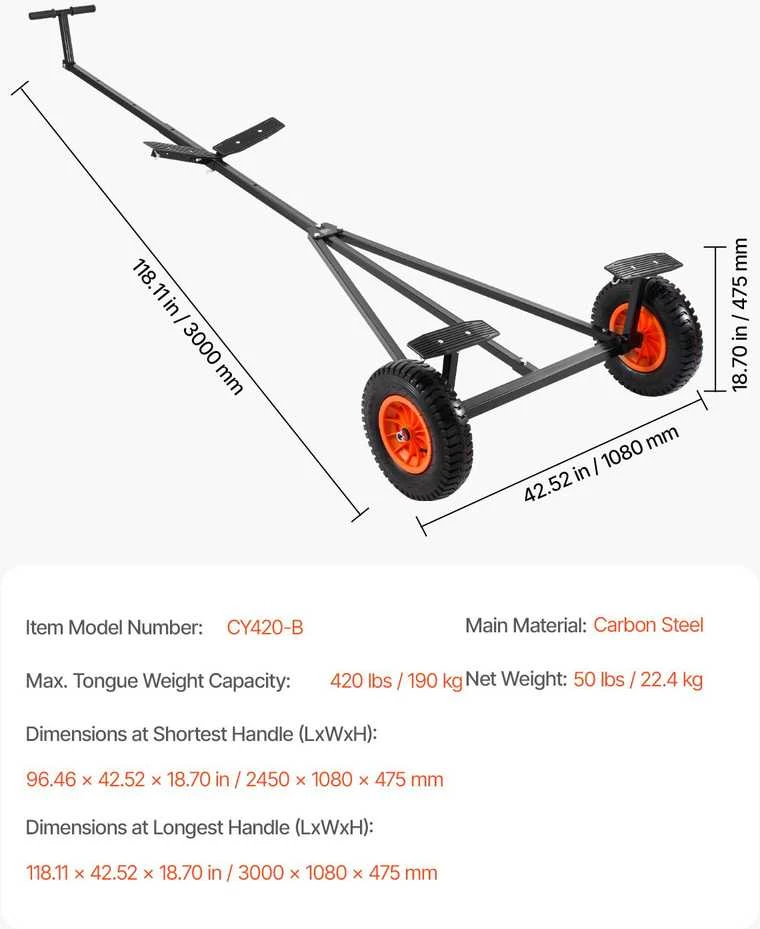 VEVOR Valties priekabos vežimėlis 190 kg talp.