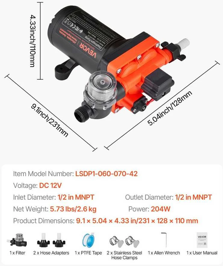VEVOR vandens siurblys RV, 12V DC, 22,7 l/min