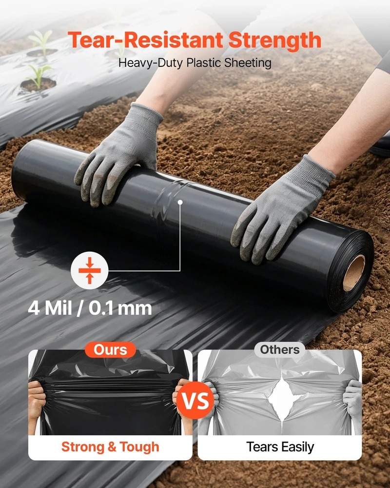 VEVOR 0,1 mm juoda polietileno plėvelė 3,05 x 30,48 m