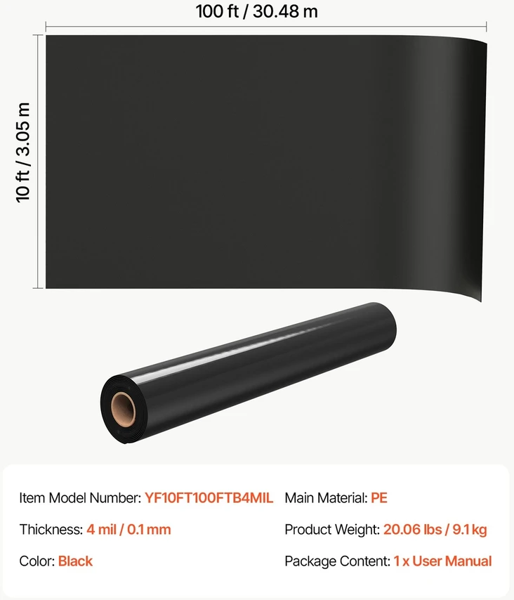 VEVOR 0,1 mm juoda polietileno plėvelė 3,05 x 30,48 m