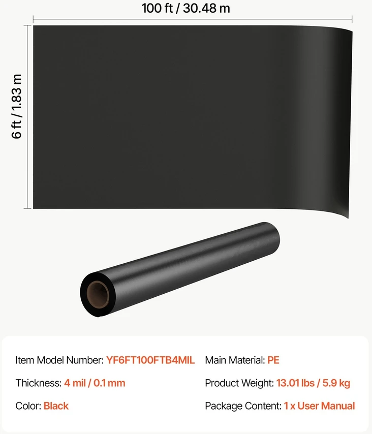 VEVOR 0,1 mm polietileno plėvelė 1,83 x 30,48 m