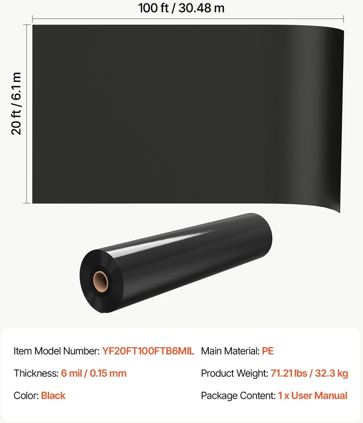 VEVOR 0,15 mm plastikinė plėvelė 6,1 x 30,48 m juoda