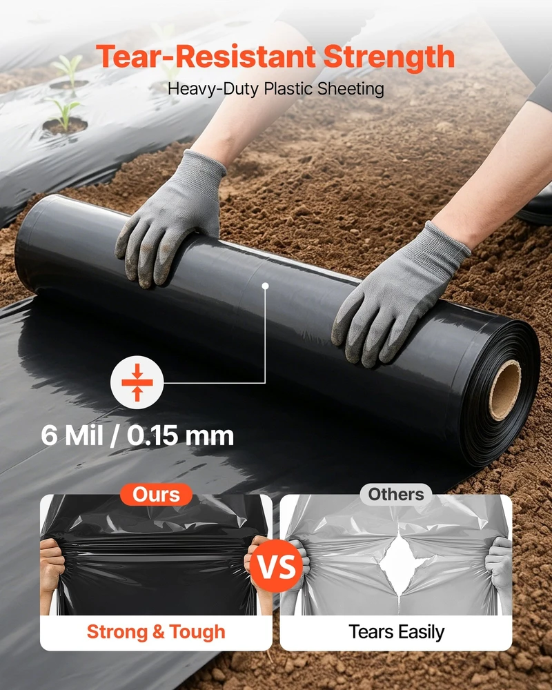 VEVOR 0,15 mm plastikinė plėvelė 6,1 x 30,48 m juoda