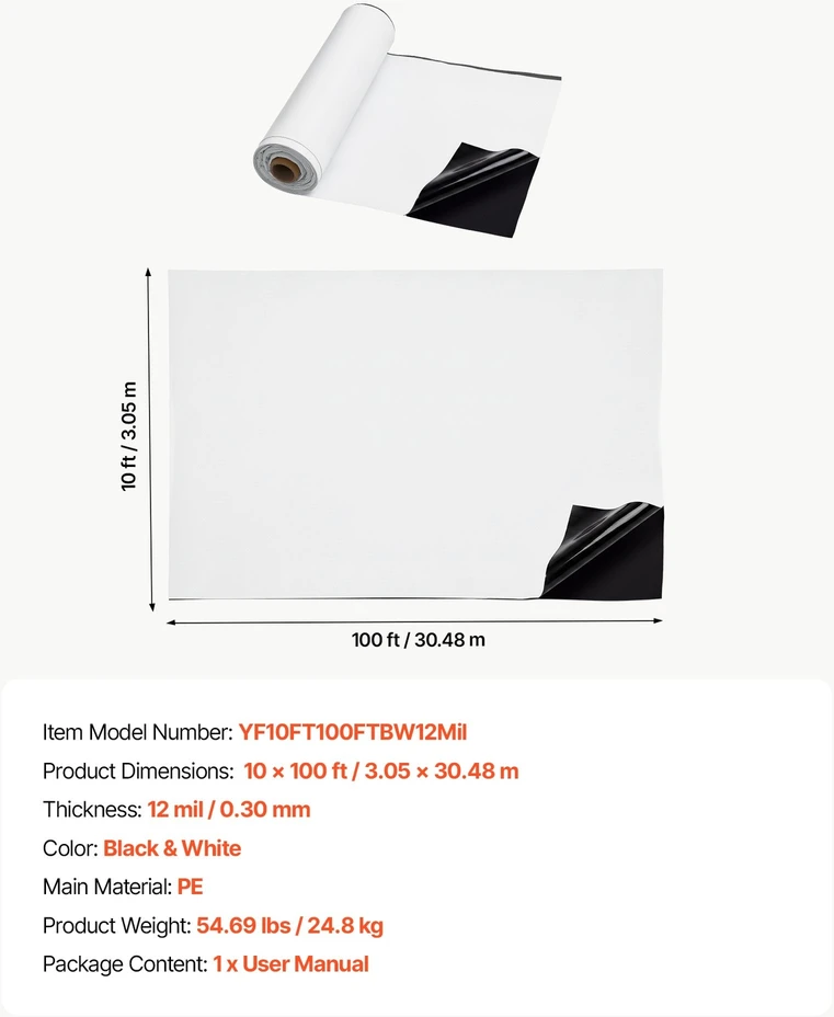 VEVOR 0,3 mm polietileno plėvelė 3,05 x 30,48 m