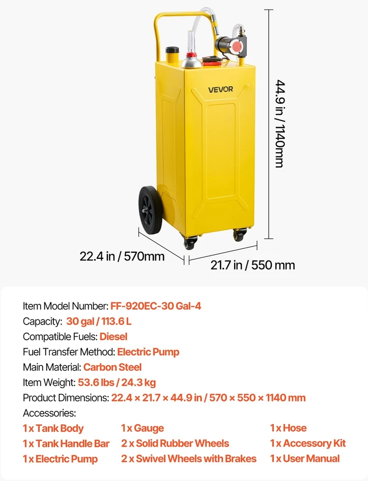 VEVOR 113,6 l dyzelino pervežimo bakas su siurbliu