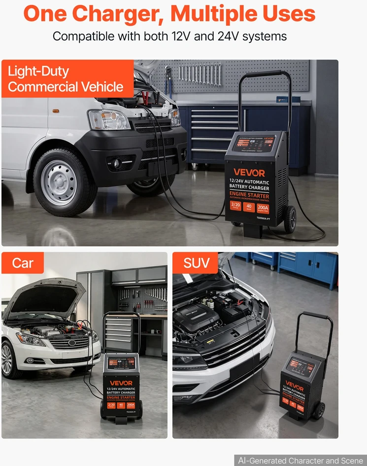 VEVOR 12V/24V akumuliatorių įkroviklis su užvedimo funkcija