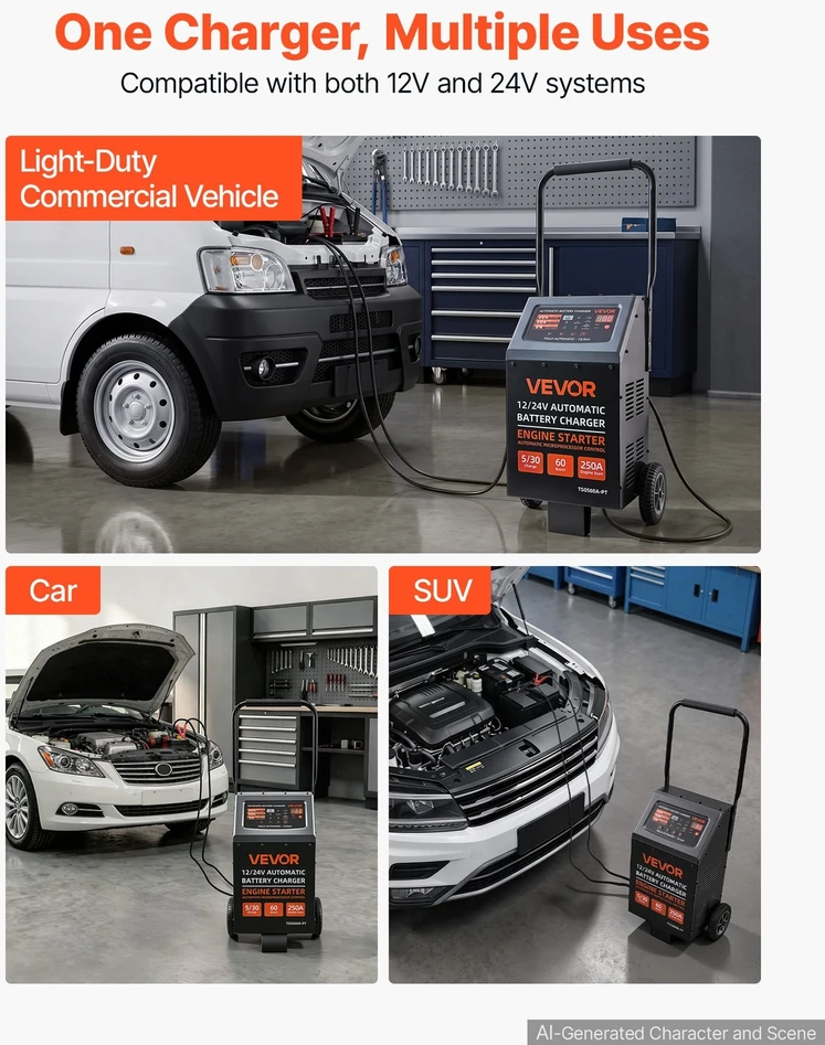 VEVOR 12V/24V akumuliatorių įkroviklis su užvedimo funkcija