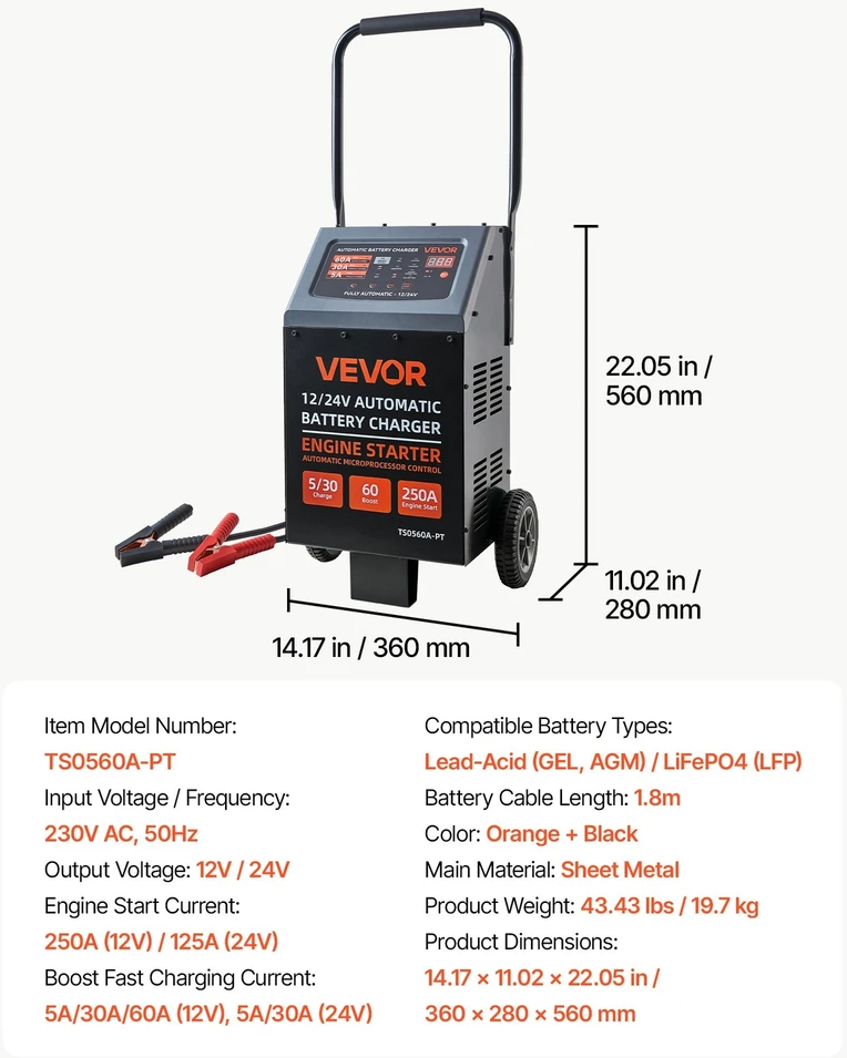 VEVOR 12V/24V akumuliatorių įkroviklis su užvedimo funkcija
