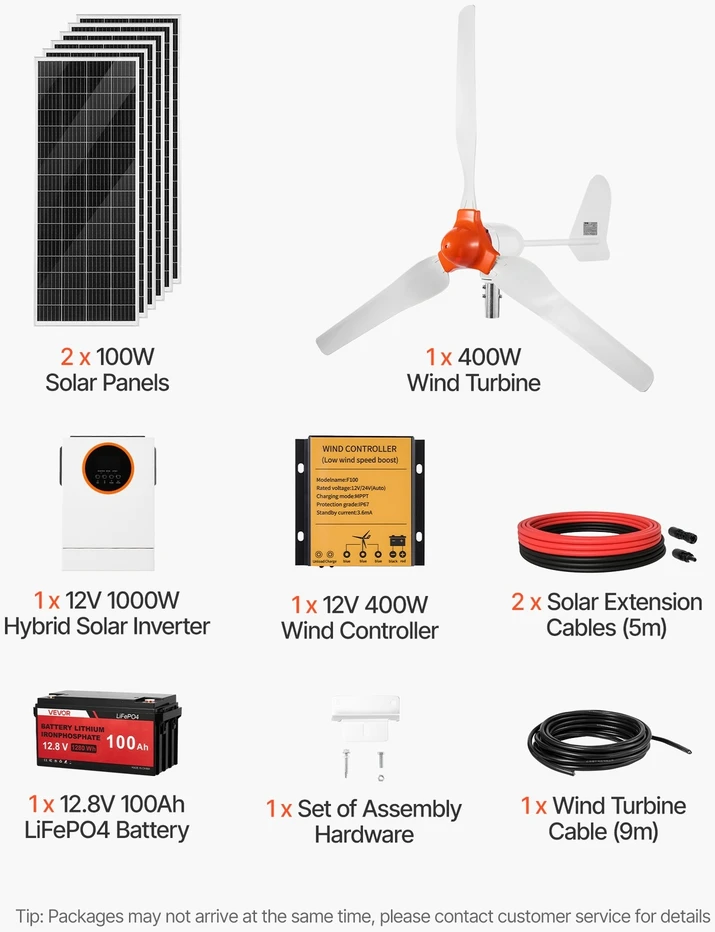 VEVOR 12V 600W saulės ir vėjo energijos komplektas