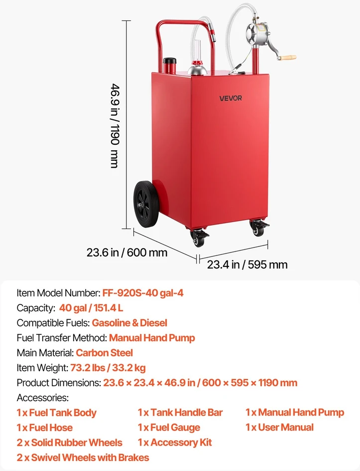 VEVOR 151,4 l degalų vežimėlis su rankine pompa