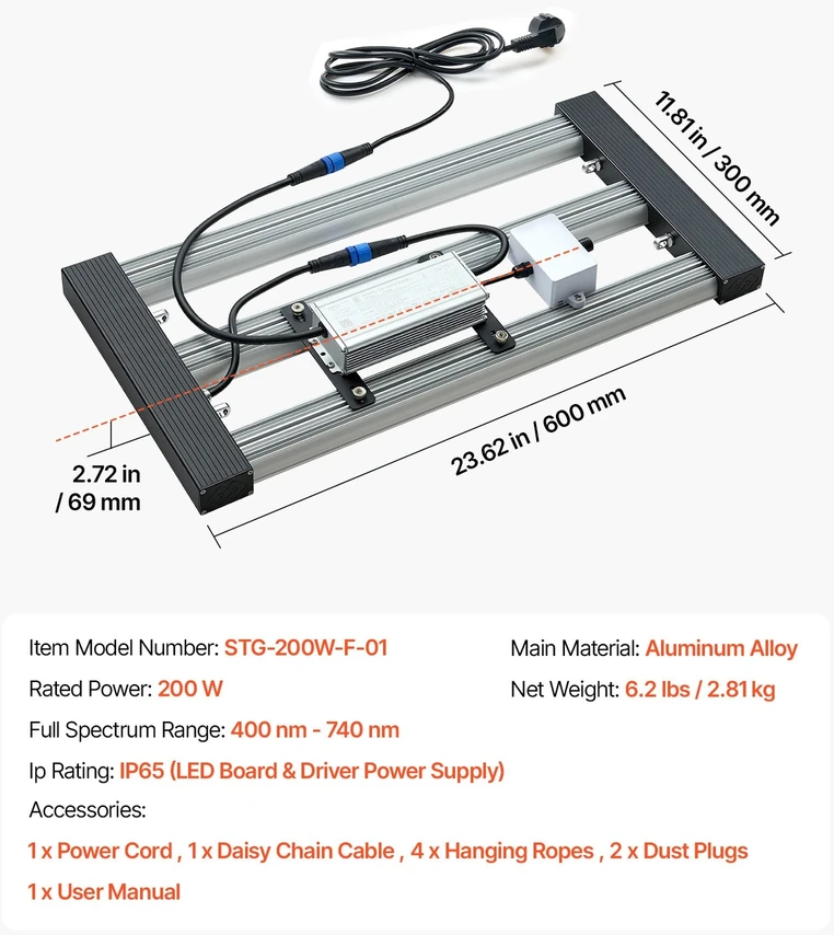 VEVOR 200W pilno spektro LED augalų lempa