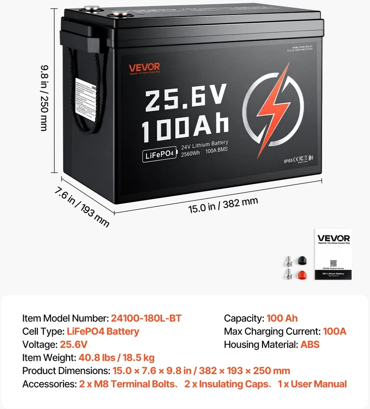 VEVOR 24V 100Ah LiFePO4 ličio akumuliatorius
