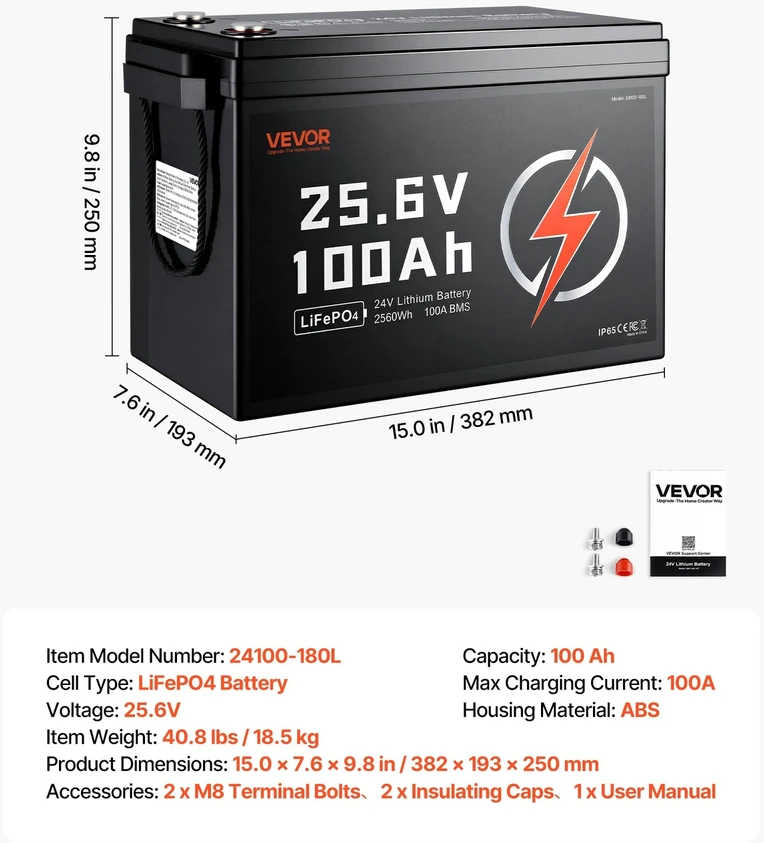 VEVOR 24V 100Ah LiFePO4 ličio baterija