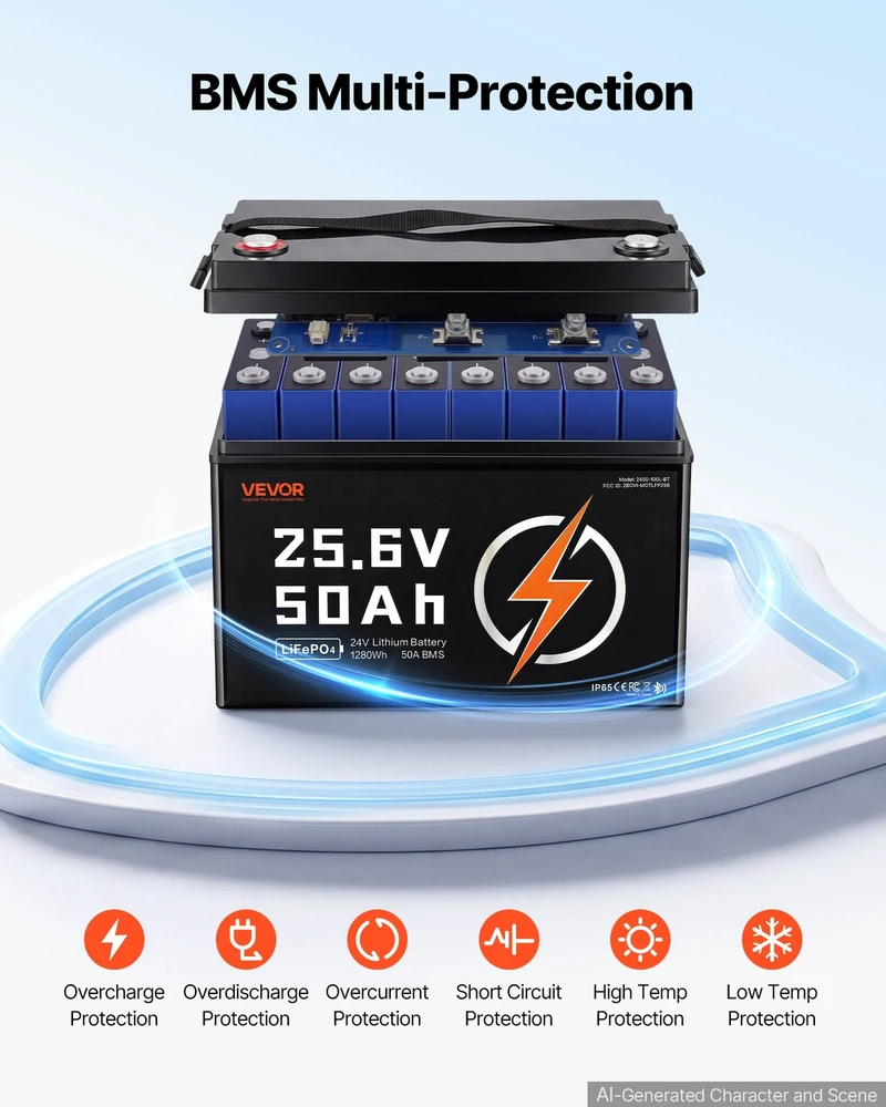VEVOR 24V 50Ah LiFePO4 ličio baterija su Bluetooth