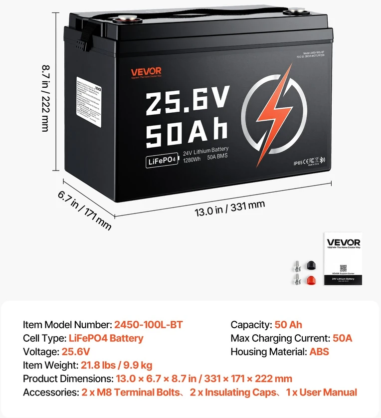 VEVOR 24V 50Ah LiFePO4 ličio baterija su Bluetooth